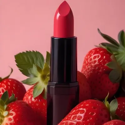 A Black Lipstick With A Pink Container Surrounded By Strawberries With A Black Background 6 C459