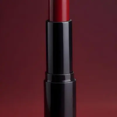 A Black Lipstick With A Red Container On A Dark Red Background Some Black Powder On The Bottom 3 8ceb
