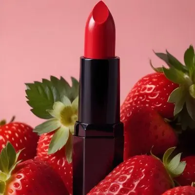 A Black Lipstick With A Red Container Surrounded By Strawberries With A Black Background 1 0220