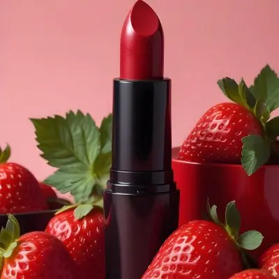 A Black Lipstick With A Red Container Surrounded By Strawberries With A Black Background 10 607e