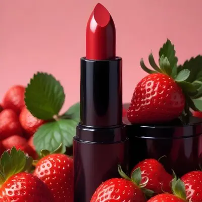 A Black Lipstick With A Red Container Surrounded By Strawberries With A Black Background 11 B24b