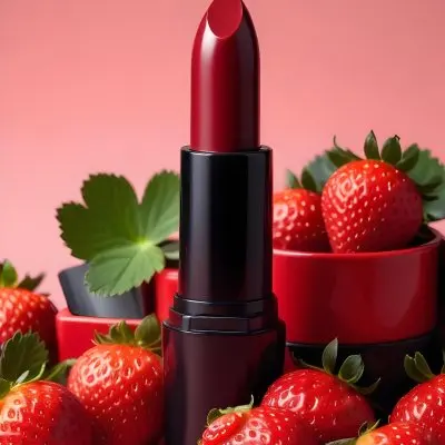 A Black Lipstick With A Red Container Surrounded By Strawberries With A Black Background 12 8fc3