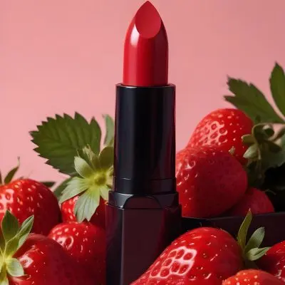 A Black Lipstick With A Red Container Surrounded By Strawberries With A Black Background 2 83f3