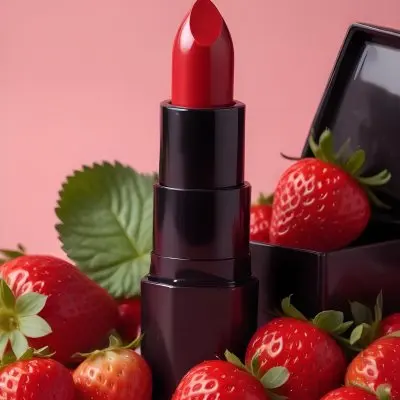 A Black Lipstick With A Red Container Surrounded By Strawberries With A Black Background 3 1daa