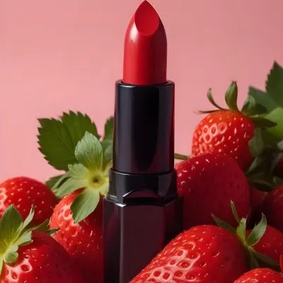 A Black Lipstick With A Red Container Surrounded By Strawberries With A Black Background 4 C7f0