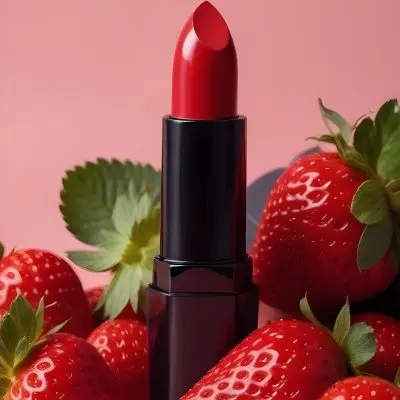 A Black Lipstick With A Red Container Surrounded By Strawberries With A Black Background 5 3085
