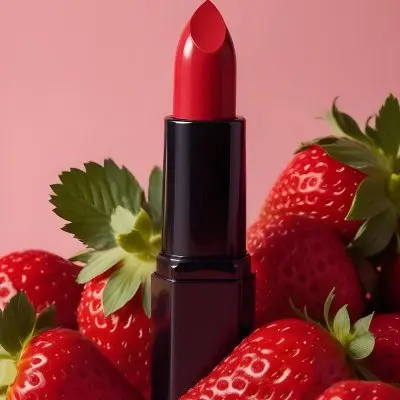 A Black Lipstick With A Red Container Surrounded By Strawberries With A Black Background 6 D8e2
