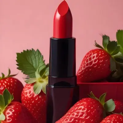 A Black Lipstick With A Red Container Surrounded By Strawberries With A Black Background 7 F8fb