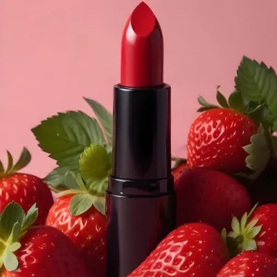 A Black Lipstick With A Red Container Surrounded By Strawberries With A Black Background 8 8b66