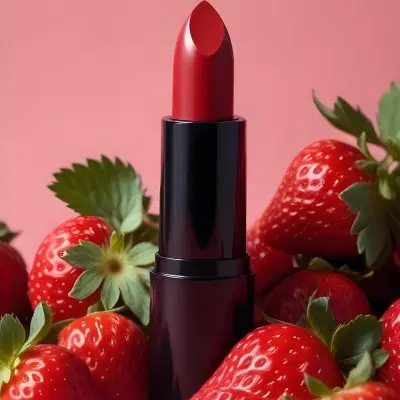 A Black Lipstick With A Red Container Surrounded By Strawberries With A Black Background 9 0e54