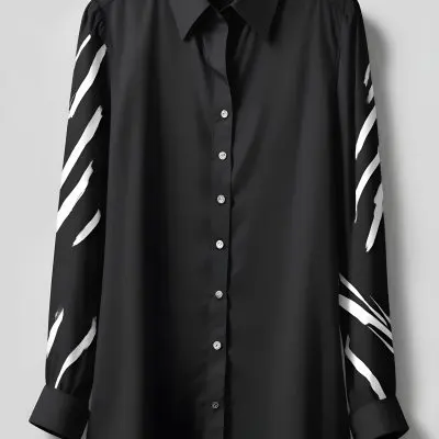 A Black Long Sleeve Blouse With White Buttons The Sleeves Are Rolled Up The Background Is Black 19 6a7c
