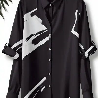 A Black Long Sleeve Blouse With White Buttons The Sleeves Are Rolled Up The Background Is Black 4 9b2d