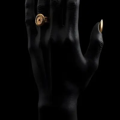 A Black Painted Hand With Golden Nails Wearing Two Golden Rings And A Golden Bracelet In A Black Background 13 D182