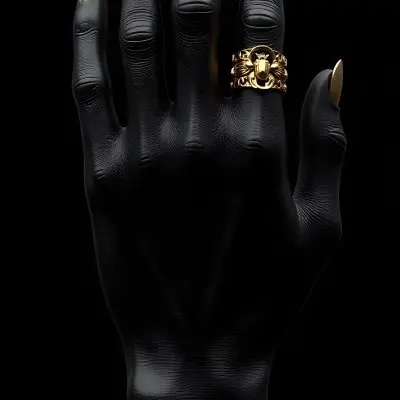 A Black Painted Hand With Golden Nails Wearing Two Golden Rings And A Golden Bracelet In A Black Background 2 8f59