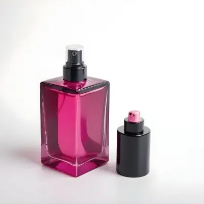 A Black Perfume Bottle With A Pink Sprayer And A Pink Cap On A White Surface Product Photography Studio Lighting Clean Background 18 6eec