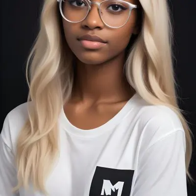 A Black Woman 21 Years Old With Long Blonde Hair And White Glasses Wearing A White T Shirt In A Black And White Background 11 7028