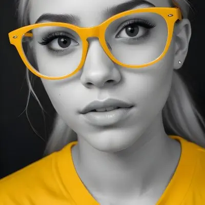 A Black Woman 21 Years Old With Long Blonde Hair And White Glasses Wearing A White T Shirt In A Black And White Background 29 1eca