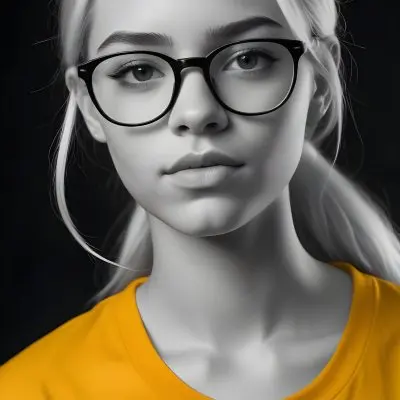 A Black Woman 21 Years Old With Long Blonde Hair And White Glasses Wearing A White T Shirt In A Black And White Background 45 4a98