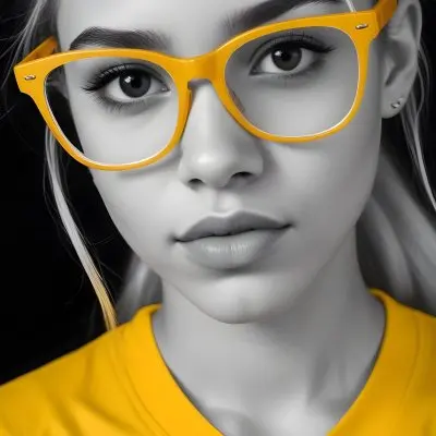 A Black Woman 21 Years Old With Long Blonde Hair And White Glasses Wearing A White T Shirt In A Black And White Background 50 D101