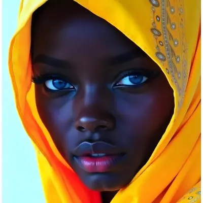 A Black Woman 22 Years Old With Black Eyes And Yellow Headscarf Light Blue Background 19 78a9