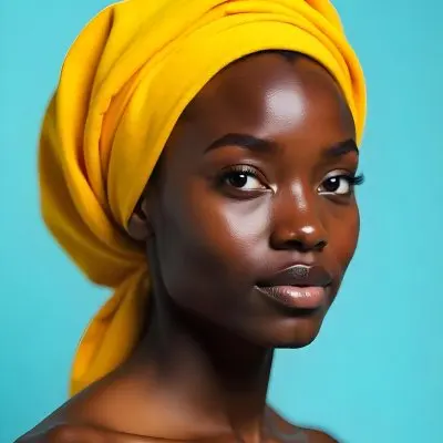 A Black Woman 22 Years Old With Black Eyes And Yellow Headscarf Light Blue Background 44 2dc5