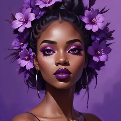 A Black Woman 23 Years Old Dark Skin Black Hair Purple Eyeshadow And Lipstick Purple Flowers Around Her Head Purple Background 22 20d1