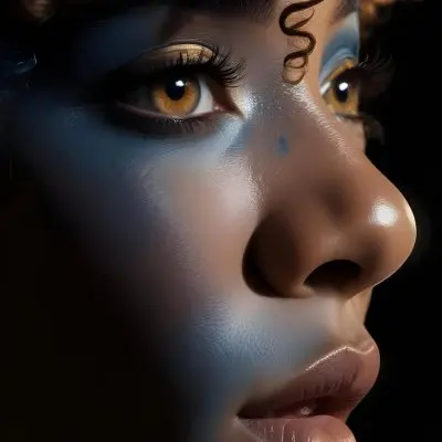 A Black Woman 23 Years Old Light Skin Blue Curly Hair Black Eyes Golden Makeup In A Dark Environment 13 8c64