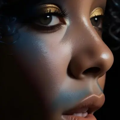A Black Woman 23 Years Old Light Skin Blue Curly Hair Black Eyes Golden Makeup In A Dark Environment 9 52e2