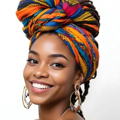 A Black Woman 23 Years Old Smiling With A Colorful African Turban Braided Hair And Earrings In A White Background 1 Cd16