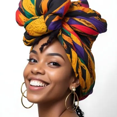 A Black Woman 23 Years Old Smiling With A Colorful African Turban Braided Hair And Earrings In A White Background 13 B98d