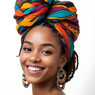 A Black Woman 23 Years Old Smiling With A Colorful African Turban Braided Hair And Earrings In A White Background 19 C18e