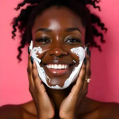 A Black Woman 23 Years Old Washing Her Face With Foam Black Nails White Teeth In A Pink Background 17 1330