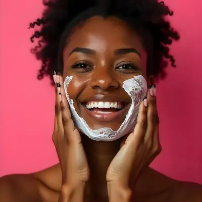 A Black Woman 23 Years Old Washing Her Face With Foam Black Nails White Teeth In A Pink Background 24 Eec9