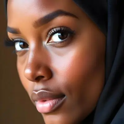 A Black Woman 23 Years Old With A Black Hijab Light Brown Eyes Light Brown Lips Long Eyelashes Perfect Skin In A Brown Background 21 5eb9