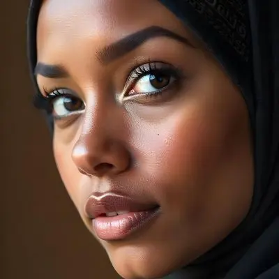 A Black Woman 23 Years Old With A Black Hijab Light Brown Eyes Light Brown Lips Long Eyelashes Perfect Skin In A Brown Background 29 7a2b