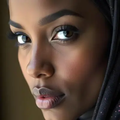 A Black Woman 23 Years Old With A Black Hijab Light Brown Eyes Light Brown Lips Long Eyelashes Perfect Skin In A Brown Background 8 1bca