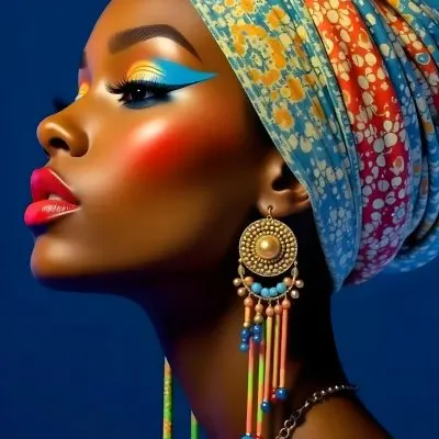 A Black Woman 23 Years Old With A Colorful Turban And Earrings Blue Eyeshadow And Red Lips In A Blue Background 11 0760