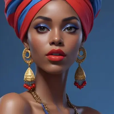 A Black Woman 23 Years Old With A Colorful Turban And Earrings Blue Eyeshadow And Red Lips In A Blue Background 37 Ae44