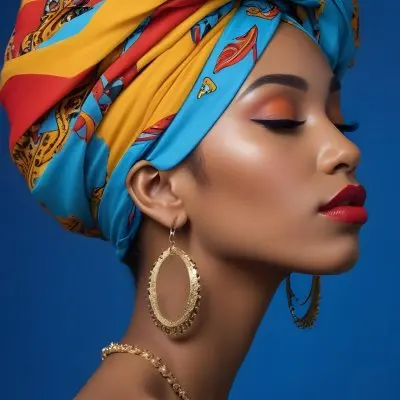 A Black Woman 23 Years Old With A Colorful Turban And Earrings Closed Eyes Red Lips In A Blue Background 1 F72f