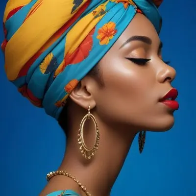 A Black Woman 23 Years Old With A Colorful Turban And Earrings Closed Eyes Red Lips In A Blue Background 13 D3e4