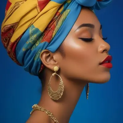 A Black Woman 23 Years Old With A Colorful Turban And Earrings Closed Eyes Red Lips In A Blue Background 15 7458