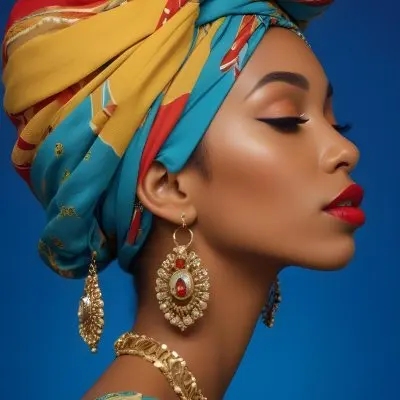 A Black Woman 23 Years Old With A Colorful Turban And Earrings Closed Eyes Red Lips In A Blue Background 39 Bb93