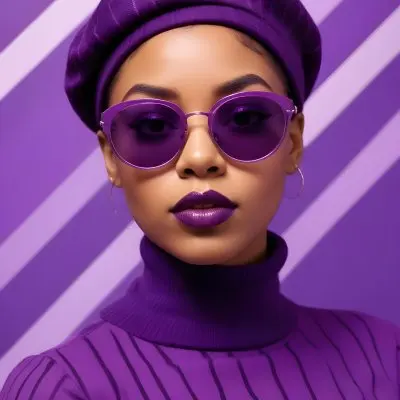 A Black Woman 23 Years Old With A Purple Beret And Sunglasses Purple Lipstick Wearing A Purple Striped Turtleneck In Front Of A Purple Geometric Background 6 A800