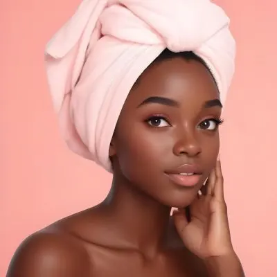 A Black Woman 23 Years Old With A Towel On Her Head Light Makeup Looking At The Camera In A Pink Background 21 88ef