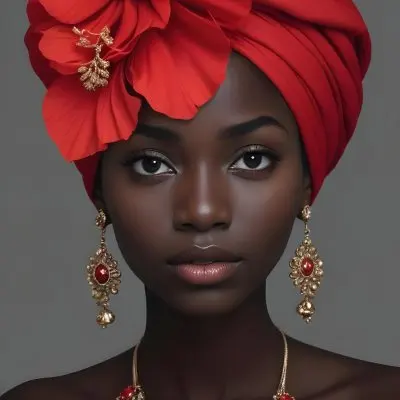 A Black Woman 23 Years Old With Dark Skin Wearing A Red Turban With A Big Red Flower Red Earrings In A Gray Background 11 D41f