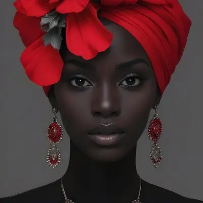 A Black Woman 23 Years Old With Dark Skin Wearing A Red Turban With A Big Red Flower Red Earrings In A Gray Background 20 Ebfa