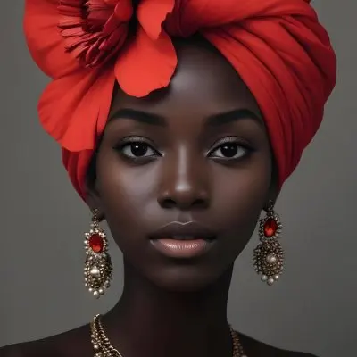 A Black Woman 23 Years Old With Dark Skin Wearing A Red Turban With A Big Red Flower Red Earrings In A Gray Background 26 D3a1