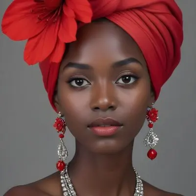 A Black Woman 23 Years Old With Dark Skin Wearing A Red Turban With A Big Red Flower Red Earrings In A Gray Background 27 14c8