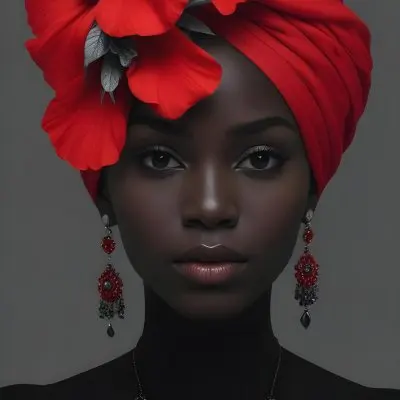 A Black Woman 23 Years Old With Dark Skin Wearing A Red Turban With A Big Red Flower Red Earrings In A Gray Background 28 Ba27
