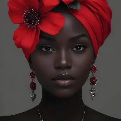 A Black Woman 23 Years Old With Dark Skin Wearing A Red Turban With A Big Red Flower Red Earrings In A Gray Background 3 Dcc0